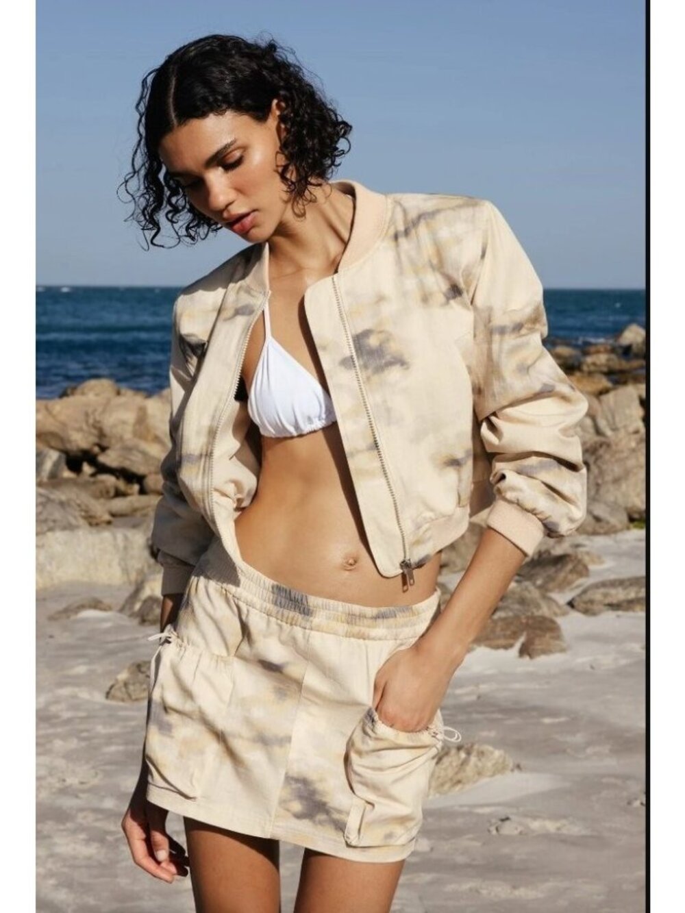 Zara Beige Watercolor Print Cropped Bomber Jacket